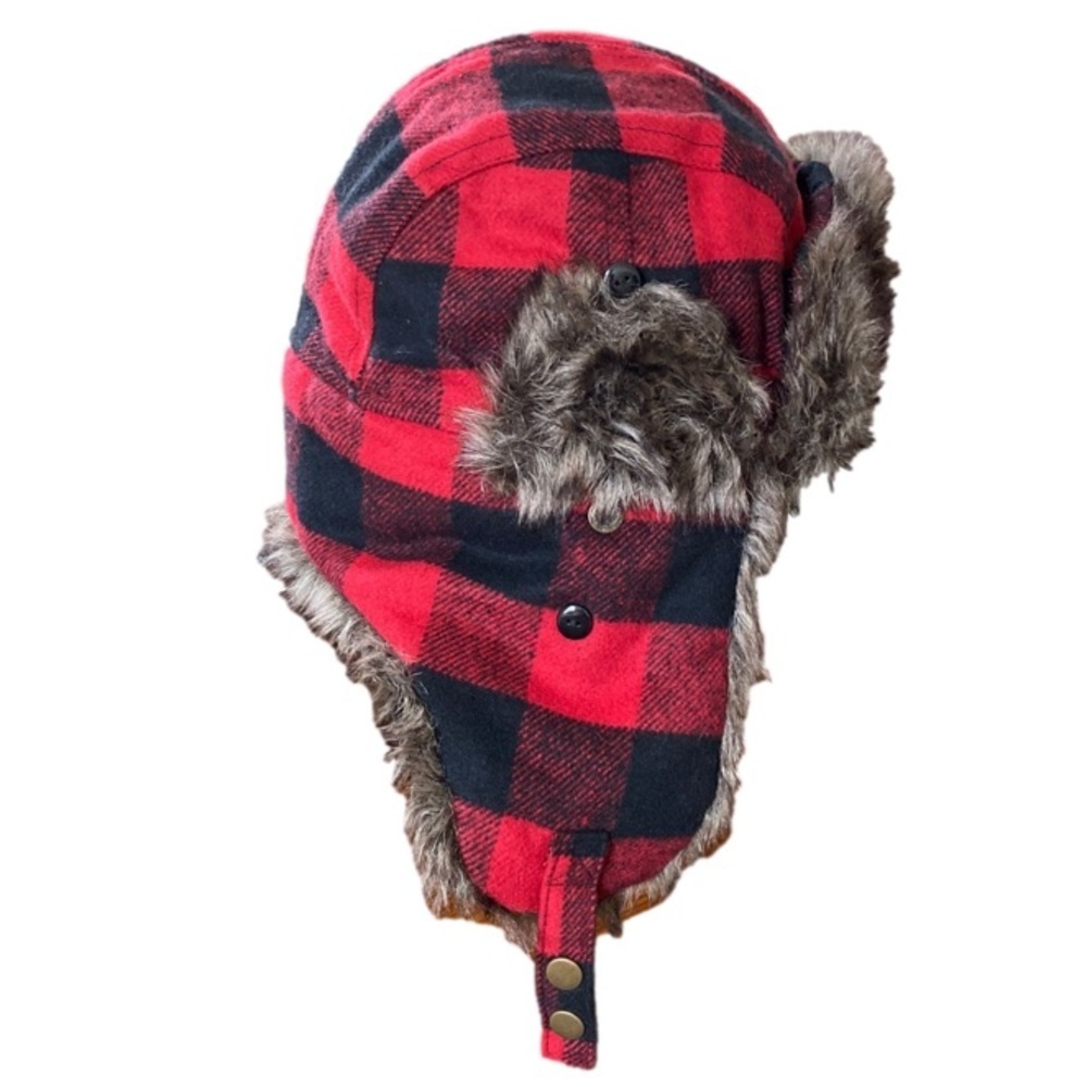 Swiss Tech Trapper Hat Buffalo Plaid Faux Fur Quilted Lining Unisex OS
